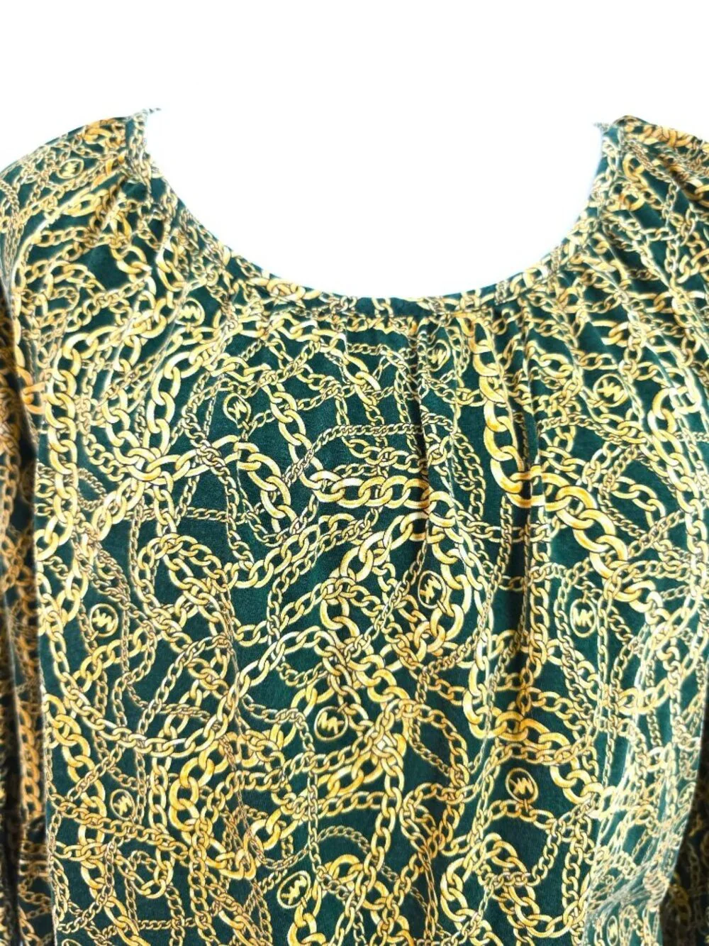 Michael Kors Green Gold Chainlink 3/4 Ruffle Sleeve Boxy Scoop Neck Top Women L
